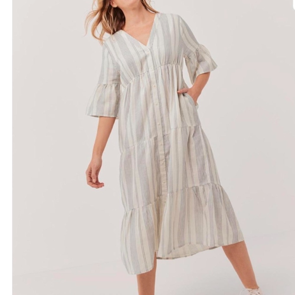 NWT Pact 100% Organic Cotton Gauze Cream Striped Coastal Dress with Pockets L